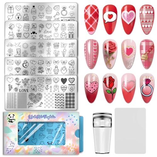 PH PandaHall 5 Stück Valentinstag Nagelstempelplatten Liebesherz Nagelkunstvorlagen Tulpe Rose Blumen Nagelkunstschablonen Bänder Geschenk Nagelstempel für Frauen Party Feiertag Maniküre Druckdesign von PH PandaHall