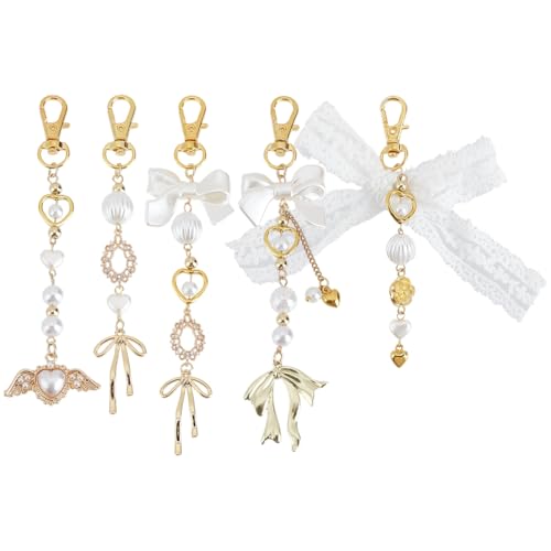 PH PandaHall 5 Styles Schlüsselanhänger Set mit Schleife und Herz Schleife Taschenanhänger Elegante Perlen-Charm Anhänger für Taschen Geldbörse Telefon Schmuck Geschenke 8.2~10.7cm von PH PandaHall