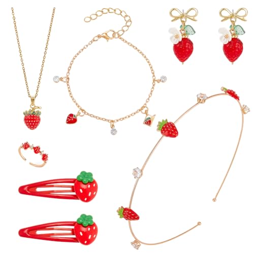 PH PandaHall 6 Stück Erdbeer Schmuckset Erdbeer Halskette Armband Erdbeer Ohrringe Haarspangen Rote Erdbeer Ringe Haarbänder Süße Frucht Accessoires Für Damen Schmuck Geschenke Sommerkostüme Hochzeit von PH PandaHall