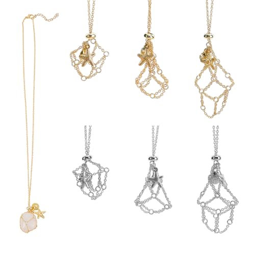 PH PandaHall 6 Stück Kristall-Halter Halskette mit Seestern Muschel Charms 3 Größe Messing Edelstein Käfig Halskette Einstellbare leere Steinhalter Ersatz-Kristall-Halsketten für DIY, Platin/Gold von PH PandaHall