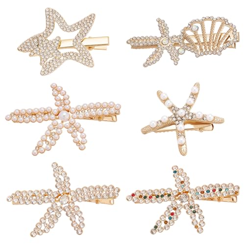 PH PandaHall 6 Stück Seestern Haarspangen Muschel Strassperlen Krokodilklemmen Goldfarben Seestern Ozean Strand Haarspange Kopfschmuck Meerjungfrauen Kostüm Accessoires Für Frauen Braut Party 6 Stile von PH PandaHall