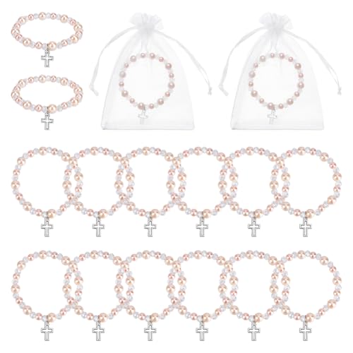 PH PandaHall 6-Stück Taufperlenarmbänder Mit Kreuzanhänger Glasperlenarmband Rosenkranz Kreuzschmuck Geschenkset Elastische Armbänder Für Frauen Gevattertochter Taufe Ostern Geburtstag Dekor Rosa von PH PandaHall