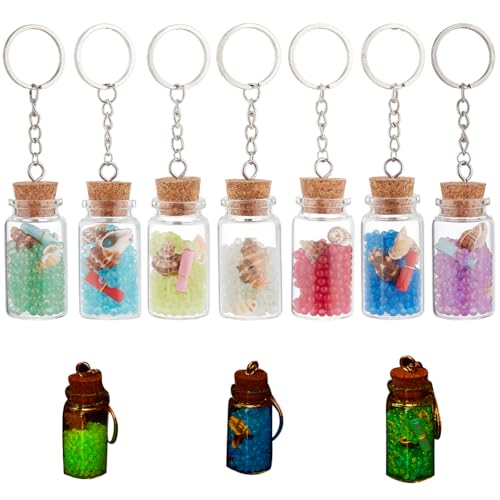 PH PandaHall 7 Stück Glas Wunschglas Schlüsselanhänger 13ml Kleine Verkorkte Flaschen Mit Leuchtenden Muschelperlen Schlüsselanhängern Mini Glas Wunschflaschen Mit Korken Und Schlüsselanhängern von PH PandaHall