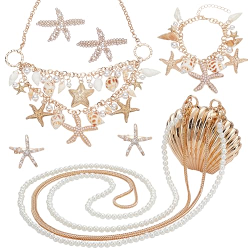 PH PandaHall 7 Stück Muschel Seestern Schmuck Meerjungfrau Kostümschmuck Perlenkragen Lätzchen Halskette Armbänder Haarspange Umhängetaschen Für Halloween Tag Damen Sommer Meer Strand von PH PandaHall
