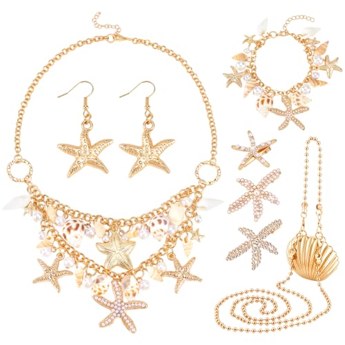 PH PandaHall 7 Teiliges Seestern Schmuckset Goldener Meerjungfrau Schmuck Seestern Halskette Armband Haarspangen Ohrringe Muschel Umhängetasche Für Strandparty PH PandaHall 7 Teiliges Seestern Schmuckset Goldener Meerjungfrau Schmuck Seestern Halskette Armband Haarspangen Ohrringe Muschel Umhängetasche Für Strandparty von PH PandaHall
