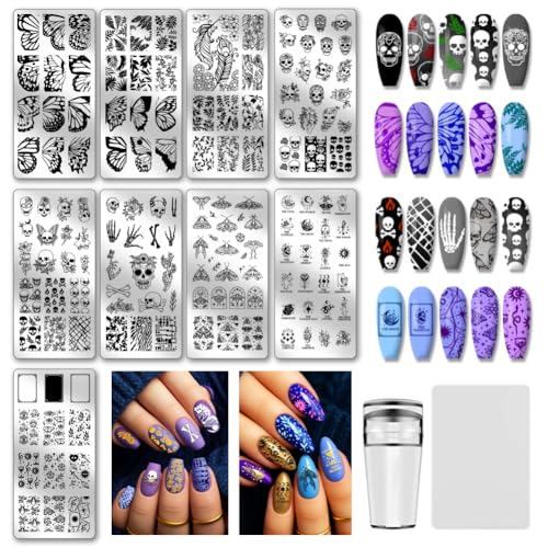 PH PandaHall 9 Stück Gothic-Totenkopf-Nagelstempelplatten Schmetterlings-Nagelkunst-Schablone Stern-Mond-Blatt-Maniküre-Kunstvorlagen Horror-Skelett-Nägel-Stempelplatte für Frauen DIY-Maniküre von PH PandaHall