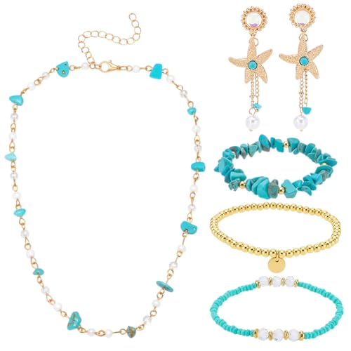 PH PandaHall Böhmische Türkis-Gold Perlen-Schmuckset, 3 teiliges stapelbares elastisches Armband, handgemachte boho-Schnalle mit Seestern-Crystal-Ohrringen für Sommer-Ozean-Strand Geschenke für Frauen von PH PandaHall