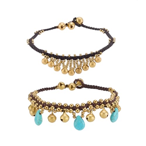 PH PandaHall Bohemian Knöchel Armbänder, 2pcs Bell Fußkettchen Indische Fußkettchen Golden Bell Ankle Bracelet Türkis Fußkettchen Drop für Frauen Boho Sommer Strand Knöchel Schmuck Geschenke, 24cm von PH PandaHall
