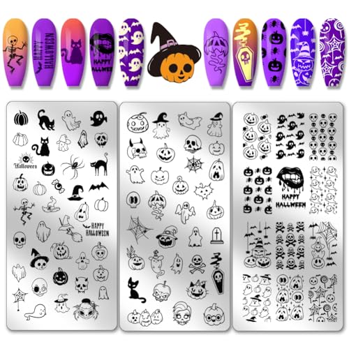 PH PandaHall Halloween Thema Nail Art Platten 3pcs Nail Stamping Platte Schädel Geist Hexe Kürbis Bild Platte Nail Art Design Stempel Kit Wiederverwendbare Nail Art Tools Vorlage Design Tool für Nägel von PH PandaHall