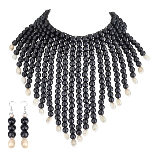 PH PandaHall Hölzerne Perlen Halsketten und Ohrringe Boho-Schmuck-Set Afrikanische Statement-Halsketten Layered Chunky Halskette Schwarz baumeln Ohrring Kragen Halsband mit Shell für Frauen Geschenke von PH PandaHall