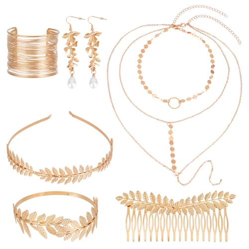 PH PandaHall Lorbeerkranz Stirnband Kopfschmuck Gold Set Griechische Göttin Schmuckset Baumelnde Ohrringe Armreif Haarkämme Haarband Und Halsketten Für Damen von PH PandaHall