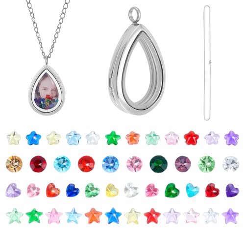 PH PandaHall Medaillon Halskette Charme Schwebende Anhänger Teardrop Memory-Anhänger Locket Kette Halsketten Glas Lockets Anhänger mit Herz Blume Glas Cabochon für DIY Halskette, Edelstahl Farbe von PH PandaHall