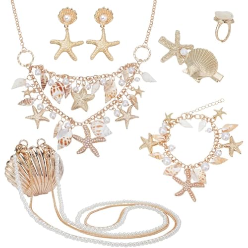 PH PandaHall Muschel Seestern Schmuck Meerjungfrau Schmuck Kostümzubehör Sommer Meer Strand Muschel Perlenkragen Lätzchen Statement Halskette Armbänder Ohrringe Ring Haarspange Umhängetaschen von PH PandaHall