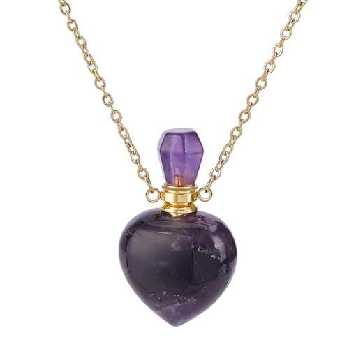 PH PandaHall Natürliche Amethyst Parfümflasche Halskette, Herzform Ätherisches Öl Diffusor Flasche Echte Amethyst Kristall Stein Halskette Goldene Kette für Frauen-Schmuck, Lila, 1 Stück von PH PandaHall