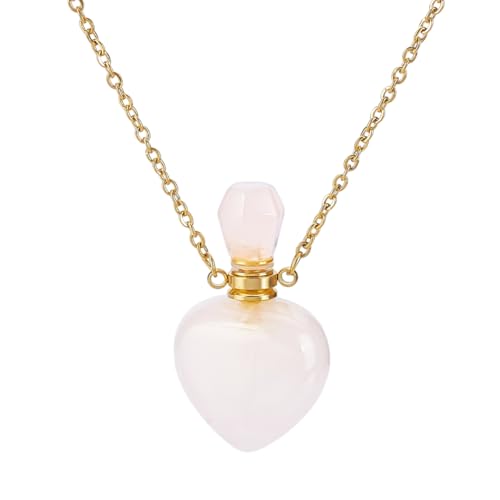 PH PandaHall Natürliche Rosenquarz Parfümflasche Halskette, Herzform ätherisches Öl Diffusor Flasche Echte Quarz Kristall Stein Halskette Goldene Kette für Frauen-Schmuck, Rosa, 1 Stück von PH PandaHall
