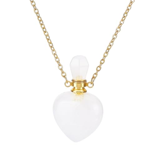 PH PandaHall Natürlicher Quarz Kristall Parfümflasche Halskette, Herzform Ätherisches Öl Diffusor Flasche Echte klare Quarz-Edelstein-Halskette Goldene Kette für Frauen-Schmuck, Rosa, 1 Stück von PH PandaHall
