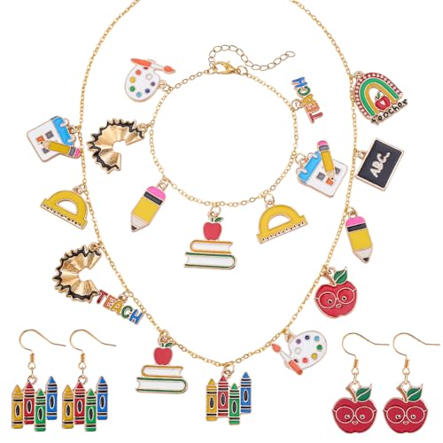 PH PandaHall Rück-To-School Halskette Ohrringe Armband Schmuckset Lehrer Buch Regenbogen Tafel Anhänger Stift Ohrringe Lehreraccessoires Dankesgeschenk für Frauenlehrer Schmuck Dekoration Geschenk von PH PandaHall