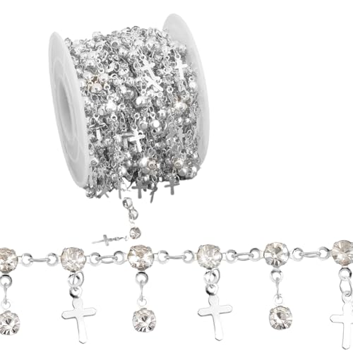 PH PandaHall Schmuck-Ketten mit Kreuz-Charme Kristall Strass-Ketten Silber Gliederkette Punk Style Metallkette für Frauen Ostern Schmuck machen Halskette Armband DIY Craft Supplies 4m von PH PandaHall