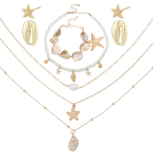 PH PandaHall Set von 7 Muschel Seestern Schmuckset, Perle Muschel Schmuck Hawaiian Sommer Schmuck Ketten Ocean Beach Surfer Halskette Meerjungfrau Kostüm Zubehör für Frauen, Golden von PH PandaHall