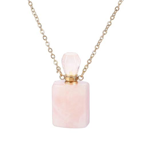 PH PandaHall Stein Ätherisches Öl Diffusor Halskette, Natürliche Rosenquarz Parfümflasche Halskette Rechteckiger Kristall Parfümflaschen Anhänger mit Goldkette für Frauen-Schmuck, Rosa, 1 Stück von PH PandaHall