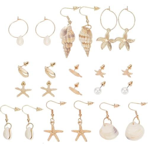PH PandaHall 11 Paar Muschelohrringe, Seestern Ohrstecker Muscheln Creolen Meerjungfrau Modeschmuck Sommer Strand Ohrringe Zubehör für Halloween Weihnachten Rollenspiel Frauen Sommer Hawaiian Schmuck von PH PandaHall