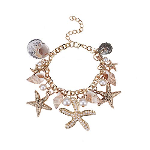 PandaHall Elite 1 Strang Seestern Muschel Armbänder Meerjungfrau Schmuck Conch Seestern Faux Perle Fußkettchen Armband Charm Frauen Bohemian Einstellbare Muschel Armband, 18,7cm von PH PandaHall