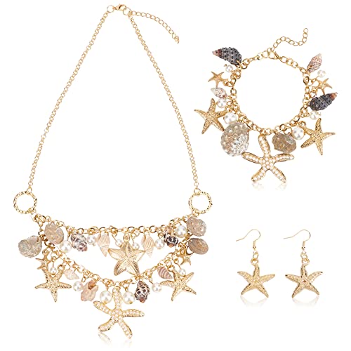 PH PandaHall Meerjungfrau Schmuck Set Muschel Seestern Mode Halskette Armband Ohrring Perle Kragen Chunky Halskette für Meerjungfrau Kostüm Damen Karneval Sommer Meer Foto Requisite Zubehör von PH PandaHall