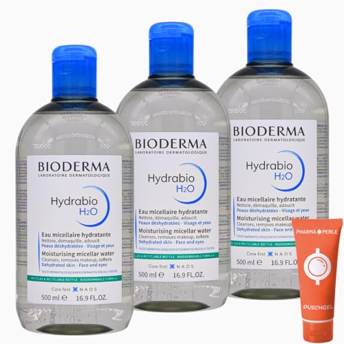 Bioderma Hydrabio H2O Mizellarlösung 3x 500 ml I Feuchtigkeitsspendendes Mizellen-Reinigungswasser I Make-Up-Entferner I Feuchtigkeit I mit Pharmaperle Duschgel von PHARMA PERLE