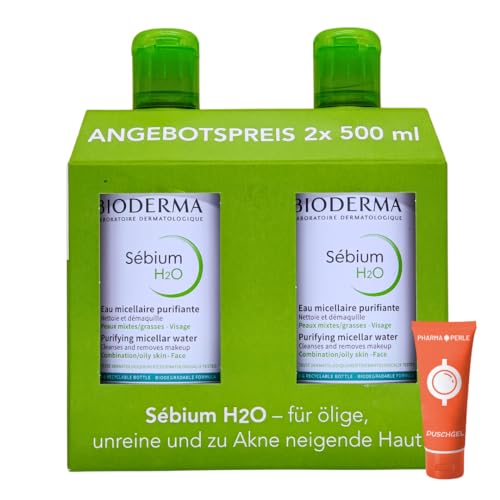 Bioderma Sebium H2O Mizellarlösung 2x 500 ml I Sanft klärendes Mizellen-Reinigungswasser I Make-Up-Entferner I für Mischhaut, ölige und unreine Haut I Akne I mit Pharma Perle von PHARMA PERLE