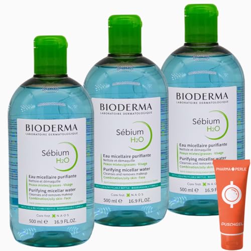 Bioderma Sebium H2O Mizellarlösung 3x 500 ml I Sanft klärendes Mizellen-Reinigungswasser I Make-Up-Entferner I für Mischhaut und ölige, unreine Haut I Akne I mit Pharmaperle giveaway von PHARMA PERLE