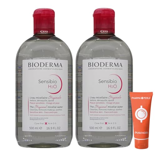 Bioderma Sensibio H2O Mizellarlösung für empfindliche Haut 2x 500 ml I Reinigungswasser I Make-Up-Entferner I Stärkung der Hautbarriere I Feuchtigkeit I mit Pharma Perle Duschgel von PHARMA PERLE