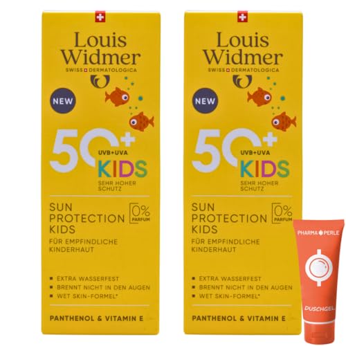 Louis Widmer Sun Protection Kids 50+, 2x 100 ml I Sonnenschutz für empfindliche Kinderhaut I feuchtigkeitsspendende Emulsion I extra wasserfest I hoher UV-Schutz I Spar-Set plus Pharma-Perle give-away von PHARMA PERLE