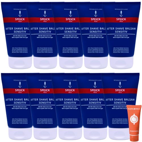 Men After Shave Balsam Sensitiv 10x 100 ml I Beruhigende Pflege für empfindliche Haut I Mit Bio-Aloe Vera und Ringelblumenextrakt I Ohne Parabene und Silikone I Spar-Set plus Pharma Perle give-away von PHARMA PERLE
