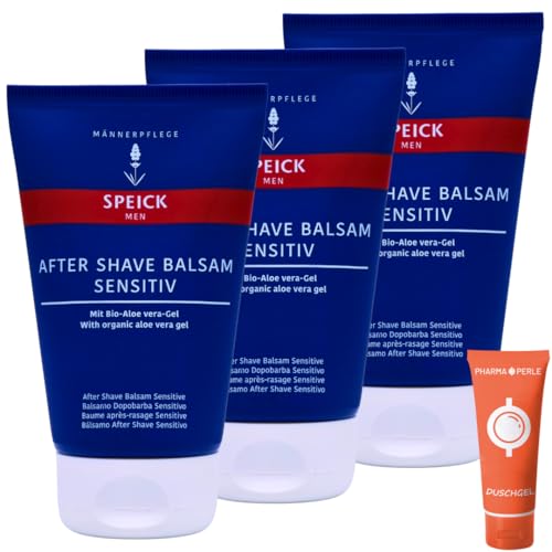 Men After Shave Balsam Sensitiv 3x 100 ml I Beruhigende Pflege für empfindliche Haut I Mit Bio-Aloe Vera und Ringelblumenextrakt I Ohne Parabene und Silikone I Spar-Set plus Pharma Perle give-away von PHARMA PERLE