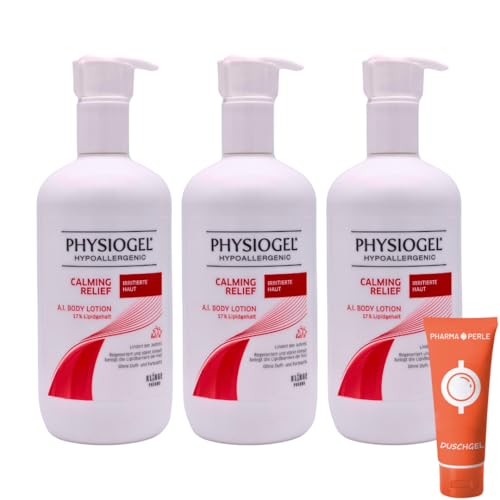 PHYSIOGEL Calming Relief A.I. Body Lotion 3x 400 ml I Pflegelotion für empfindliche, juckende & zu Neurodermitis neigender Haut I für Babys, Kinder & Erwachsene I Spar-Set plus Pharma Perle givea-away von PHARMA PERLE