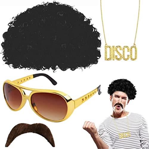 Afro-Perücke | Funky Hippie-Kostü mit Perücke, Sonnenbrille, Halskette, Schnurrbart | Hippie-Accessoires für 50/60/70er-Jahre-Mottopartys, Halloween-Partys, Weihnachtsfeier von PHASZ