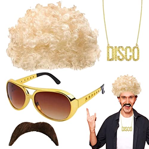 Afro-Perücke | Funky Hippie-Kostü mit Perücke, Sonnenbrille, Halskette, Schnurrbart | Hippie-Accessoires für 50/60/70er-Jahre-Mottopartys, Halloween-Partys, Weihnachtsfeier von PHASZ