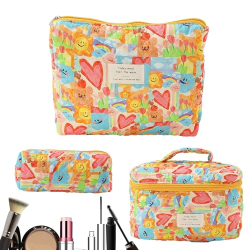 Kulturbeutel für Damen, Reise-Kulturbeutel, Baumwolle, Blumenmuster, Reise-Make-up-Tasche, 3 Stück, Reise-Kosmetik, gesteppt, ästhetischer Kulturbeutel für Damen und Mädchen, C, 1 von PHASZ