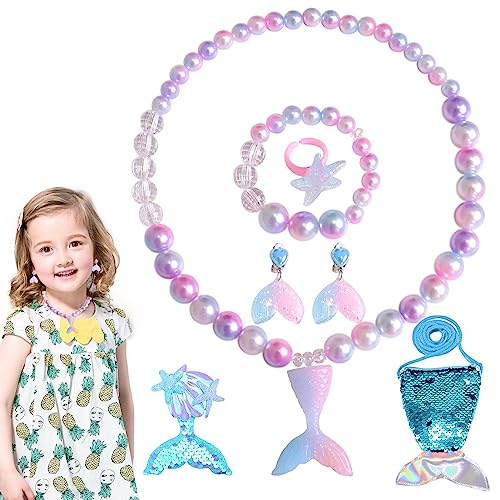 PHASZ Meerjungfrau-Halsketten-Armband-Set | Mädchen-Prinzessinnen-Schmuck-Set, bunter Kinder-Schmuck, dehnbare Armbänder, 1, 1 Stück von PHASZ
