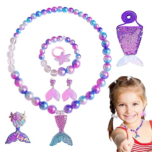PHASZ Meerjungfrau-Halsketten-Armband-Set | Mädchen-Prinzessinnen-Schmuck-Set, bunter Kinder-Schmuck, dehnbare Armbänder, 1, 1 Stück von PHASZ