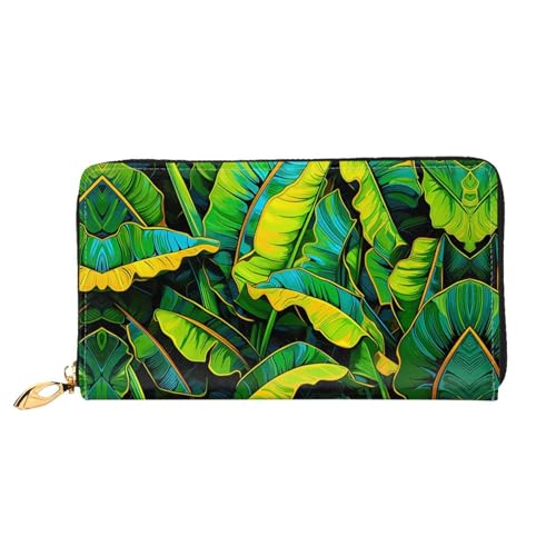 PHAYAH Big Green Banana Leaf Pattern Damen Geldbörse Lange Clutch Reißverschluss Rund Reise Leder Geldbörse Große Kapazität Kreditkartenetui von PHAYAH