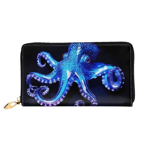 PHAYAH Blaue Octopus Muster Damen Geldbörse Lange Clutch Reißverschluss Rund Reise Leder Geldbörse Große Kapazität Kreditkartenetui von PHAYAH