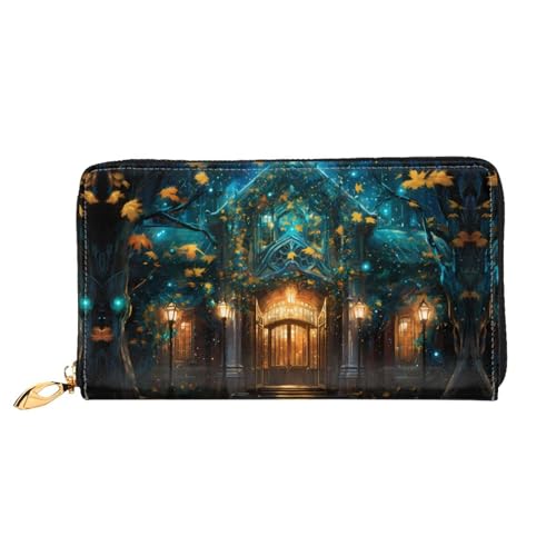 PHAYAH Blue Castle Pattern Damen Geldbörse Lange Clutch Reißverschluss Rund Reise Leder Geldbörse Große Kapazität Kreditkartenetui von PHAYAH