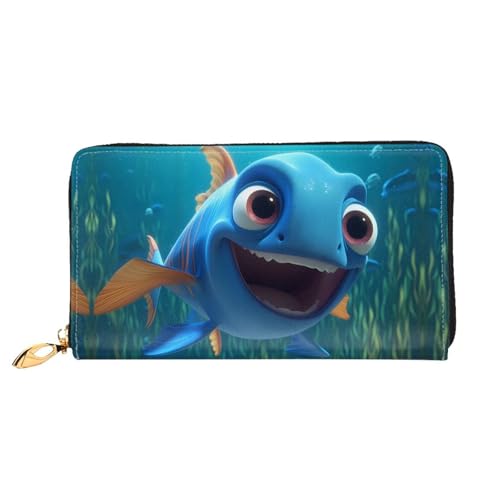 PHAYAH Blue Fish With Big Mouth Pattern Women Wallet Long Clutch Zip Around Travel Leather Purse Large Capacity Credit Card Holder von PHAYAH