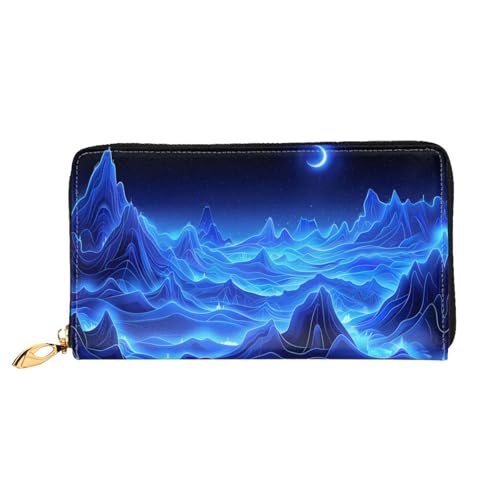 PHAYAH Blue Moon Blue Mountain Pattern Damen Geldbörse Lange Clutch Reißverschluss Rund Reise Leder Geldbörse Große Kapazität Kreditkartenetui von PHAYAH