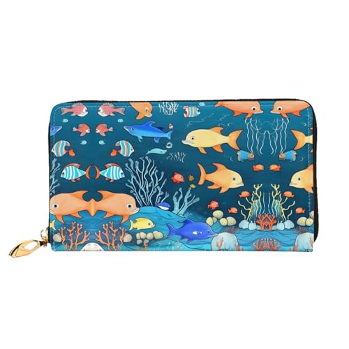 PHAYAH Blue Underwater World Of Fish Pattern Damen Geldbörse Lange Clutch Reißverschluss Rund Reise Leder Geldbörse Große Kapazität Kreditkartenetui von PHAYAH