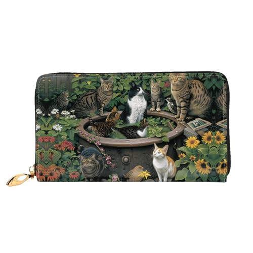 PHAYAH Cat By Flower Tank Pattern Damen Geldbörse Lange Clutch Reißverschluss Rund Reise Leder Geldbörse Große Kapazität Kreditkartenetui von PHAYAH