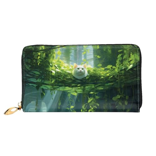 PHAYAH Cat On Green Pattern Damen Geldbörse Lange Clutch Reißverschluss Rund Reise Leder Geldbörse Große Kapazität Kreditkartenetui von PHAYAH