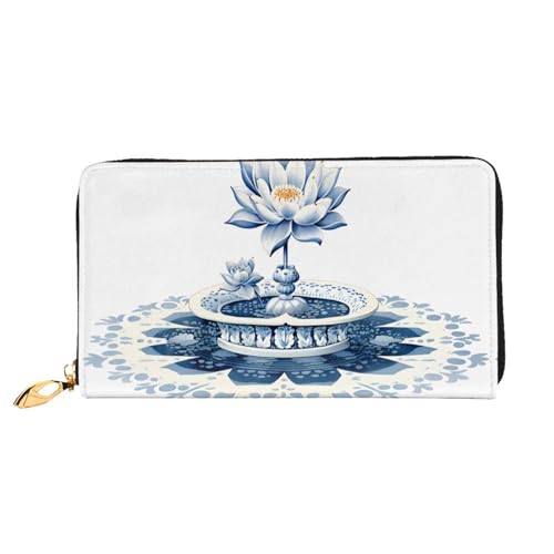 PHAYAH Celadon Damen Geldbörse Lotus Blumenmuster Lange Clutch Reißverschluss Rund Reise Leder Geldbörse Große Kapazität Kreditkartenetui von PHAYAH