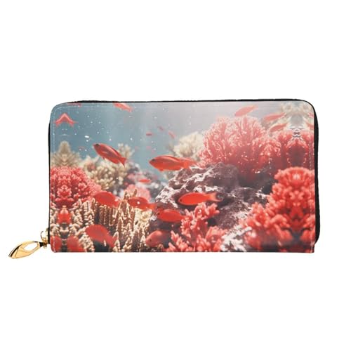 PHAYAH Coral Reef Fish School Pattern Damen Geldbörse Lange Clutch Reißverschluss Rund Reise Leder Geldbörse Große Kapazität Kreditkartenetui von PHAYAH